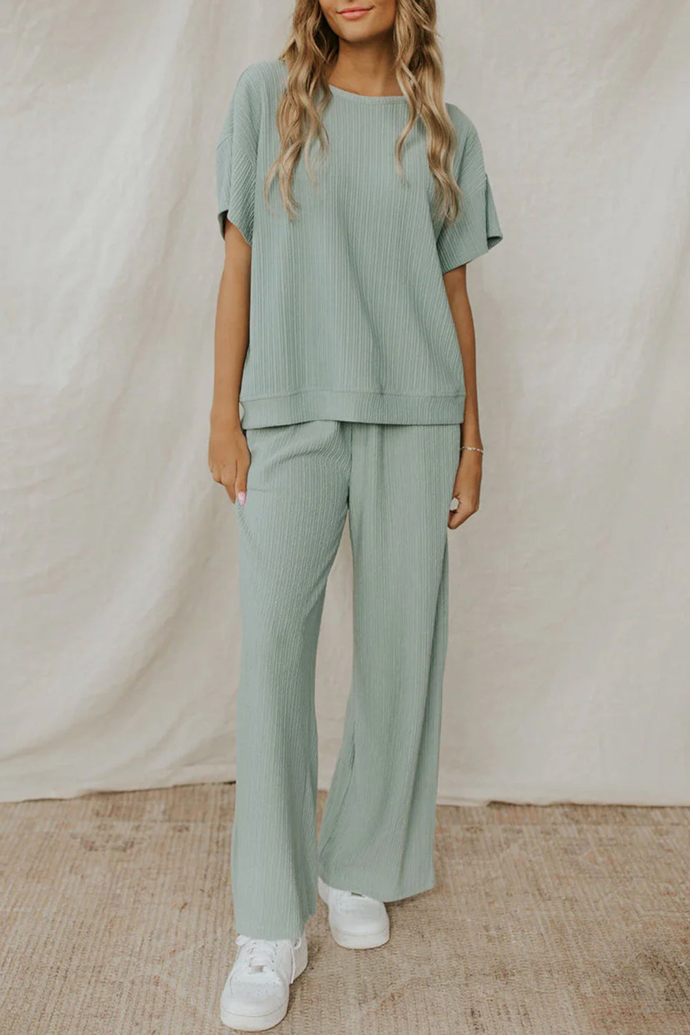 Textured Tee and Pants Lounge Set