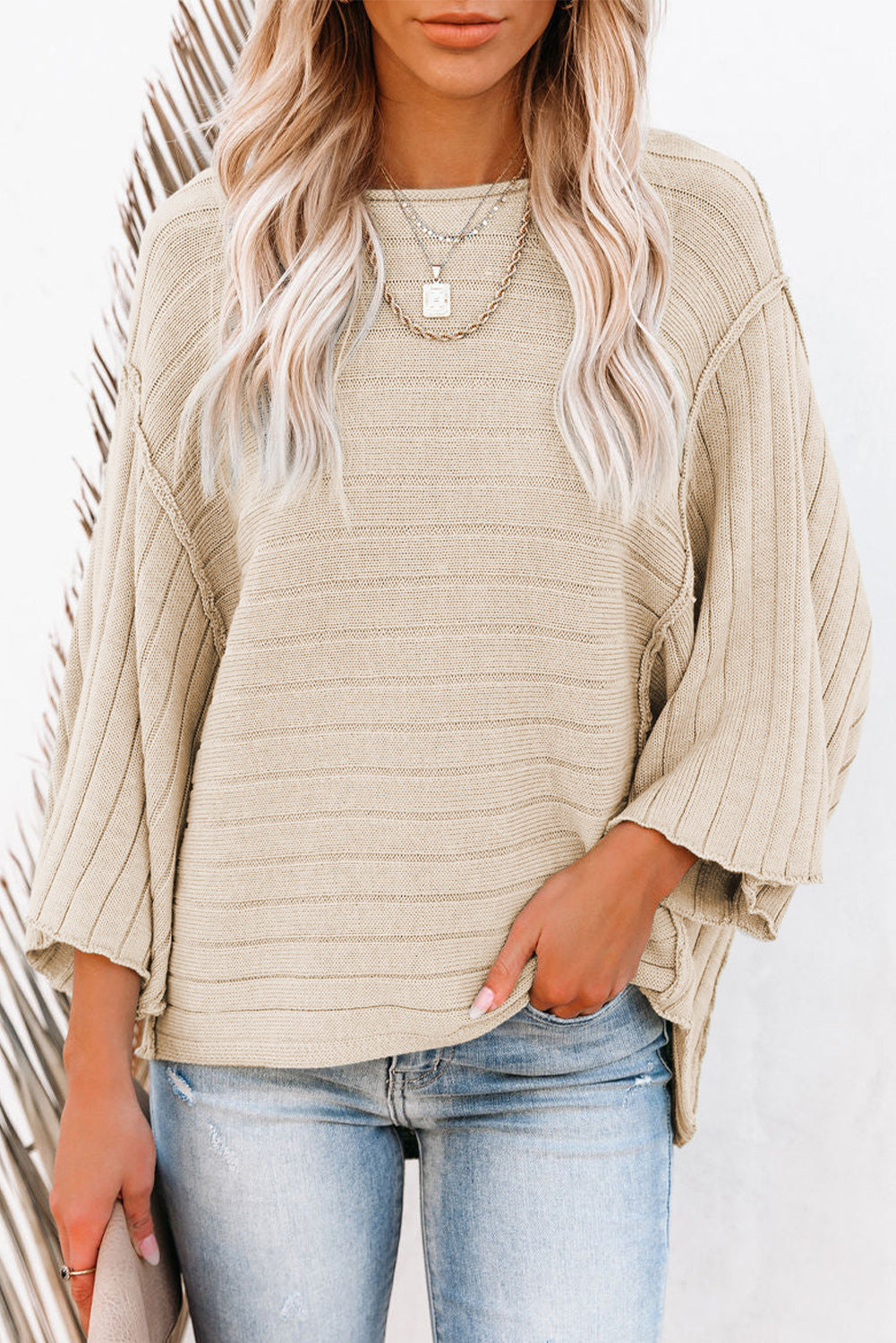 Exposed Seam Ribbed Knit Dolman Top
