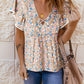 Crisscross V Neck Ruffle Sleeve Printed Flowy Blouse