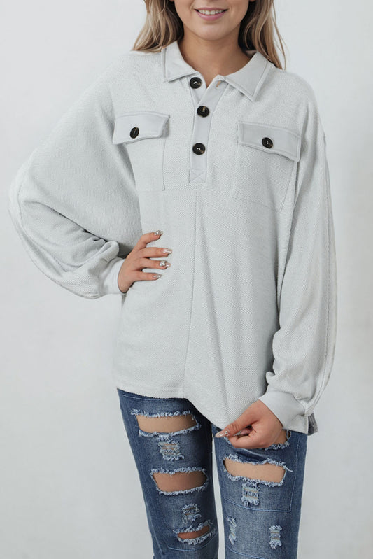 Oversized Flap Pockets Button Collared Sweatshirt