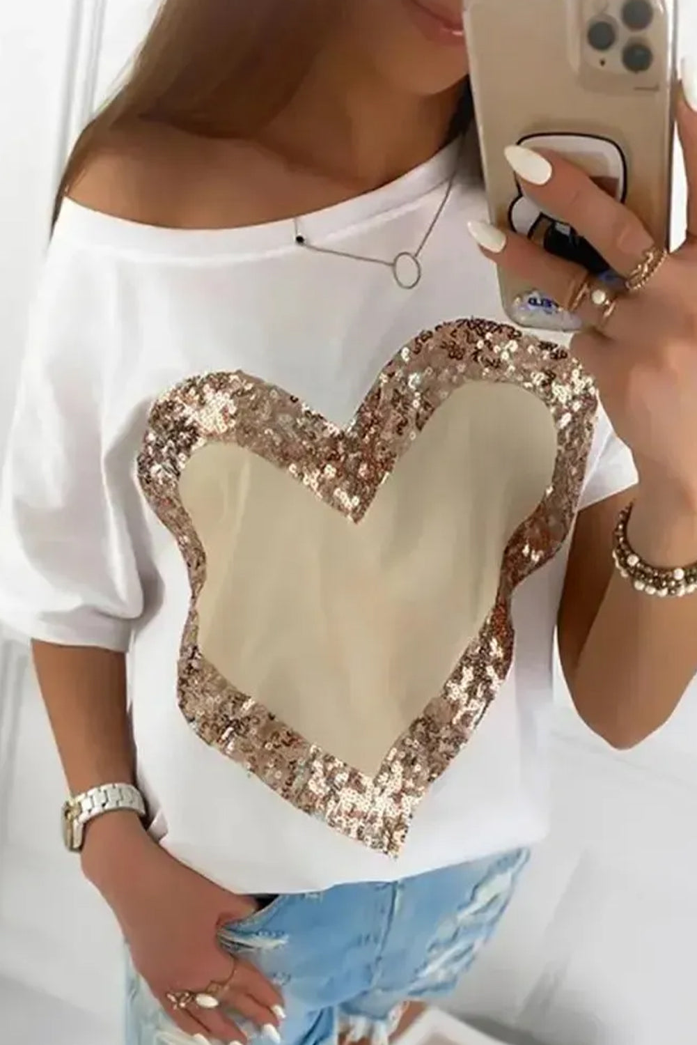 Valentine's Day Sequined Heart Crew Neck Short Sleeve Top