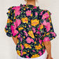 Floral Bubble Sleeve Notch V Neck Ruffled Blouse