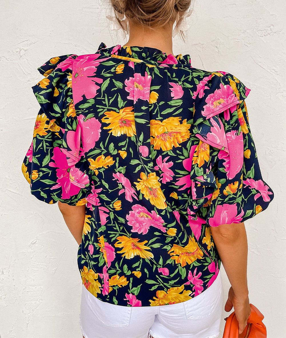 Floral Bubble Sleeve Notch V Neck Ruffled Blouse
