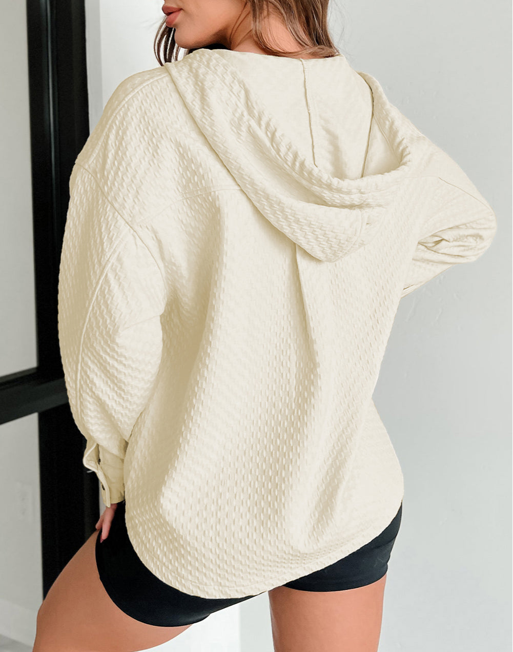 Textured Buttoned Neckline Side Pockets Hoodie