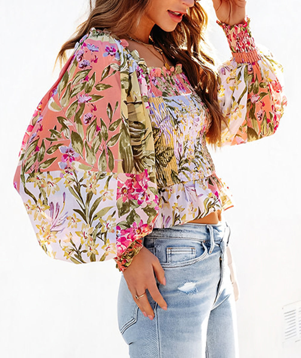 Smocked Floral Frilled Trim Square Neck Blouse
