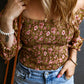 Floral Print Shirred 3/4 Sleeve Off Shoulder Blouse