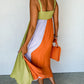 Color Block Shirred High Waist Fit and Flare Maxi Dress
