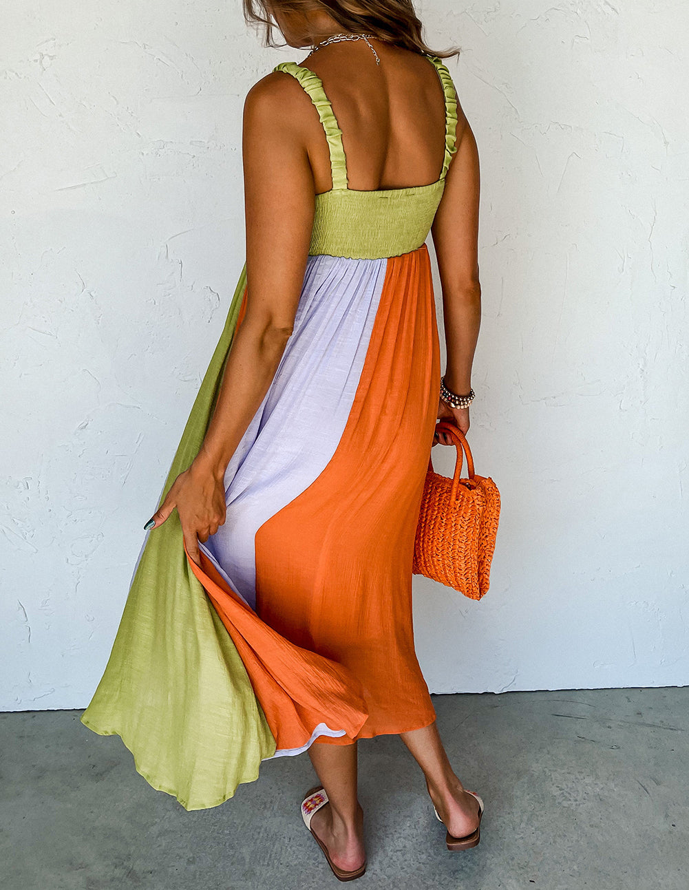 Color Block Shirred High Waist Fit and Flare Maxi Dress