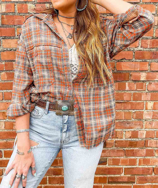 Plaid Embroidery Patch Button-Down Shacket