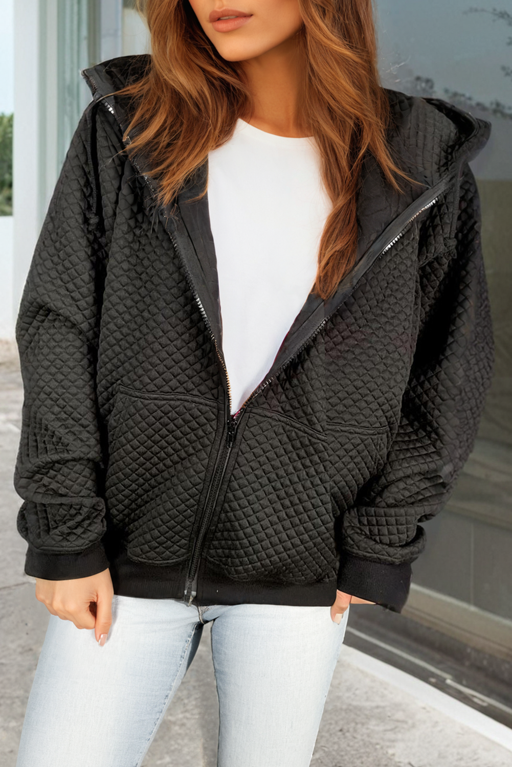 Quilted Side Pockets Zipper Hooded Jacket