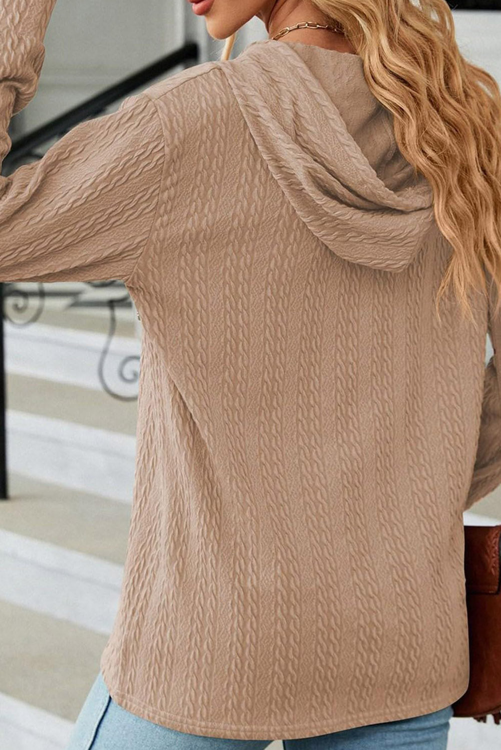 Button Front Textured Drawstring Hooded Long Sleeve Top