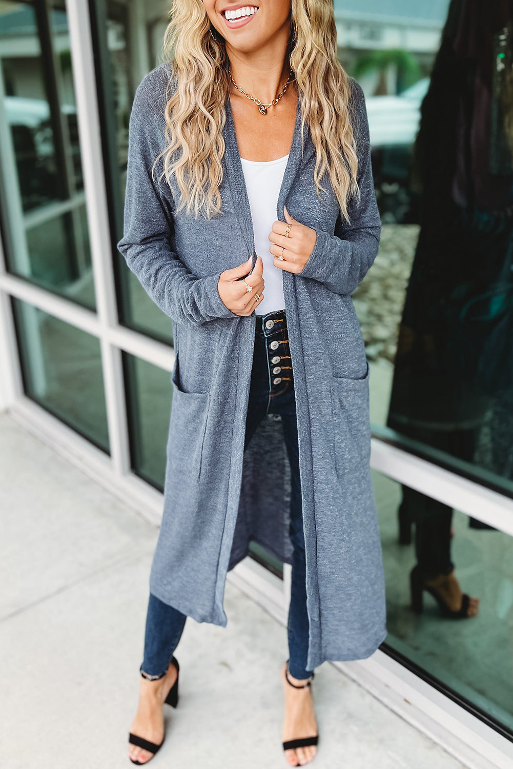 Slub Knit Pocketed Open Front Maxi Cardigan