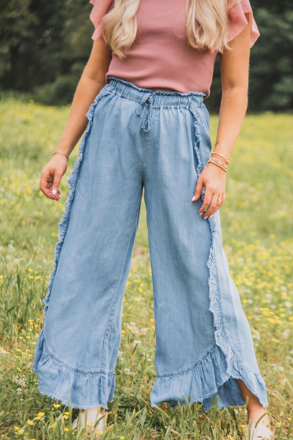 Light Wash Raw Hem Ruffled Wide Leg Jeans