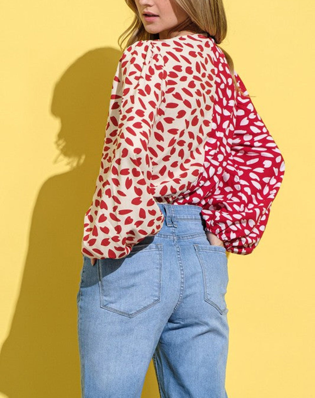 Petal Printed Long Sleeve Wrap V-Neck Bodysuit