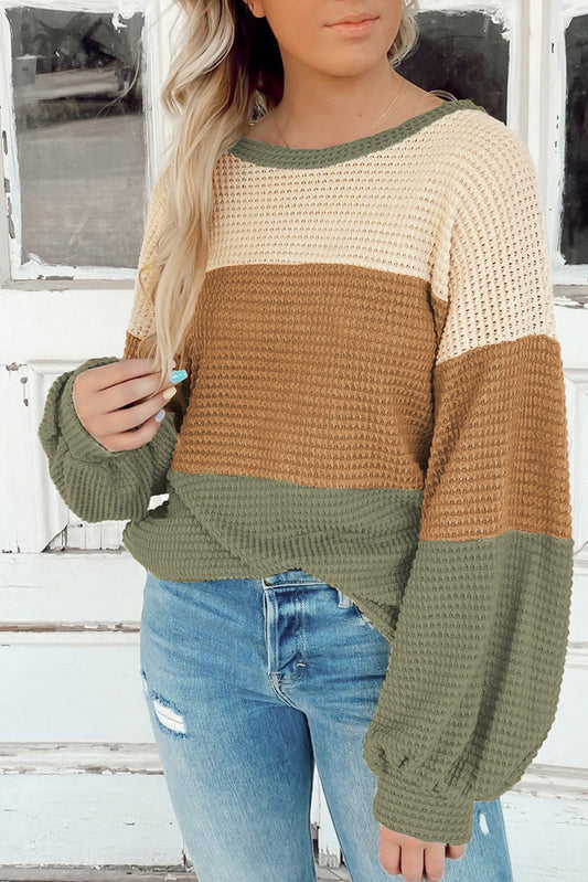 Stripe Textured Color Block Bubble Sleeve Baggy Top