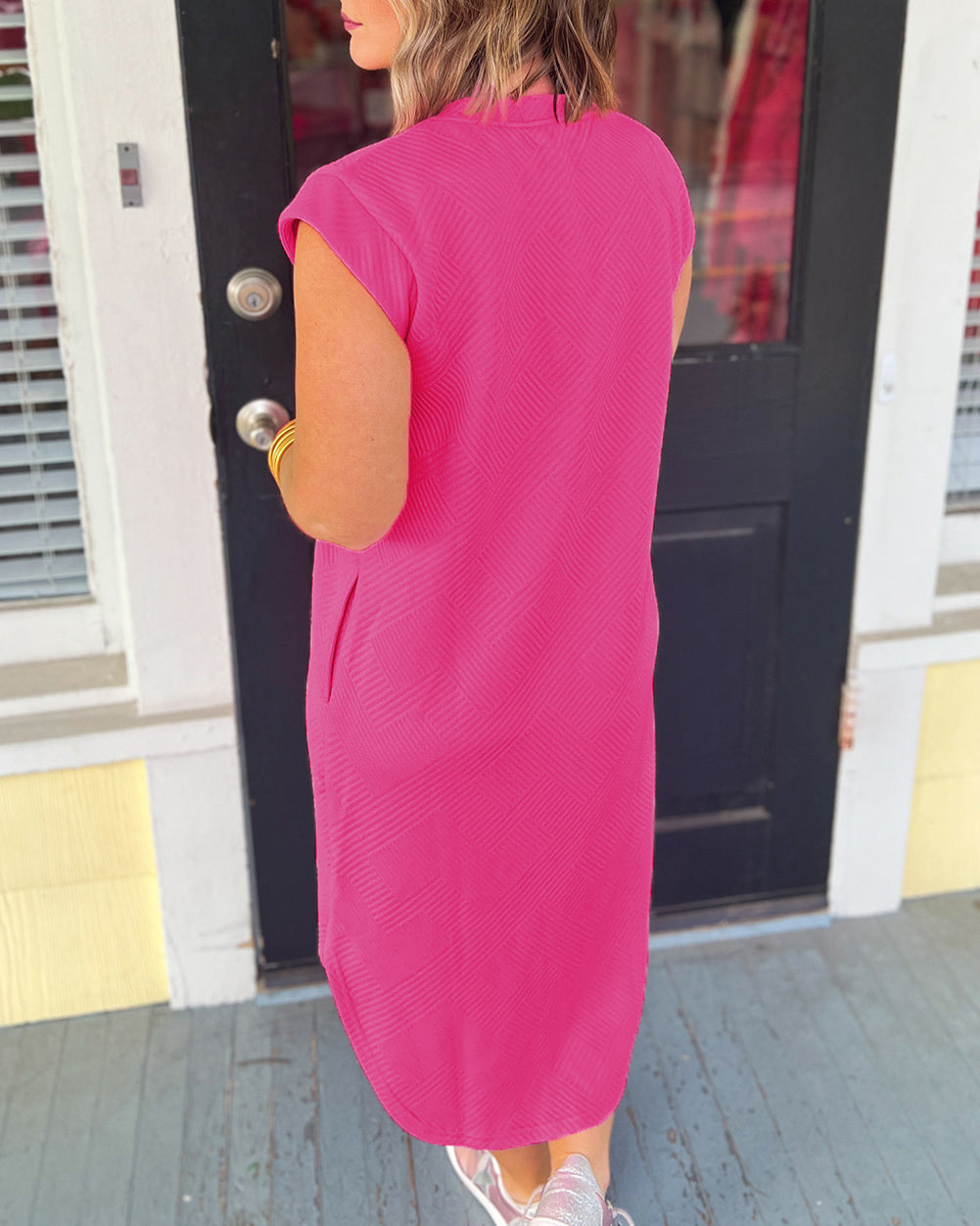 Solid Textured V Neck Shift Midi Dress