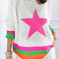 Star Pattern Colorblock Striped Edge Drop Shoulder Sweater