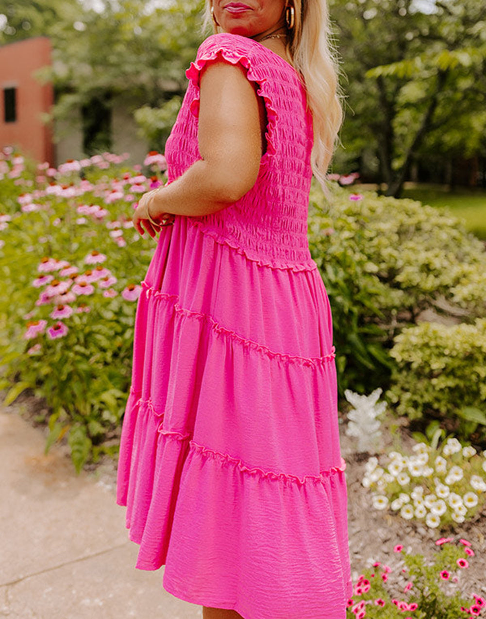 Plus Size Solid Frill Tiered V Neck Smocked Dress