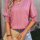 Tan Smocked Puff Sleeve Notched Neck T Shirt