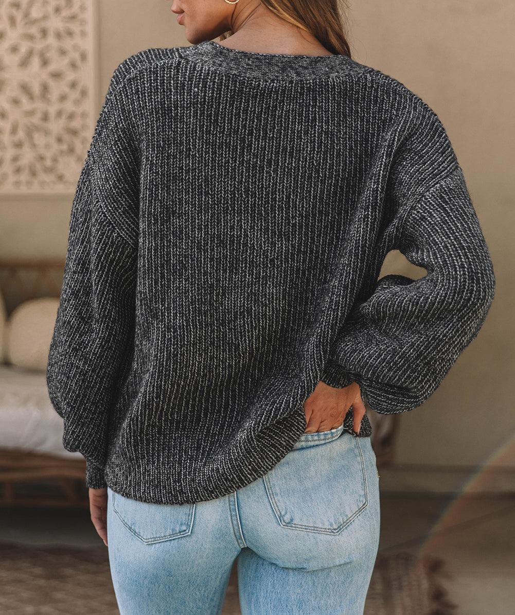 Drop Shoulder Puff Sleeve Buttoned V Neck Cardigan