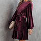 Tie Waist Crinkle Velvet Dress