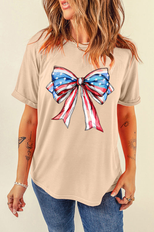 American Flag Bow Knot Print Round Neck T Shirt