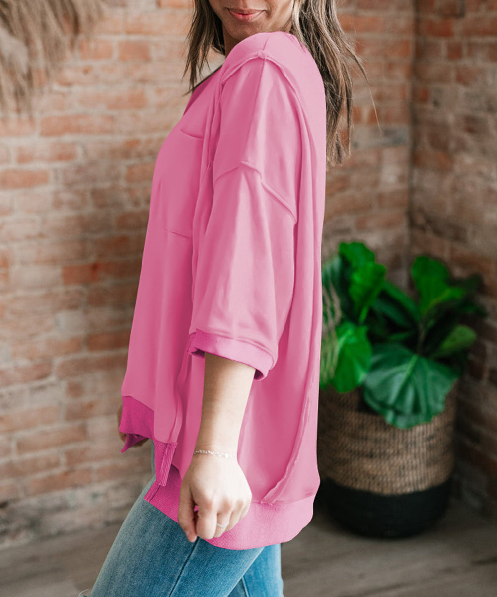 Exposed Seam Chest Pocket Split Loose T Shirt