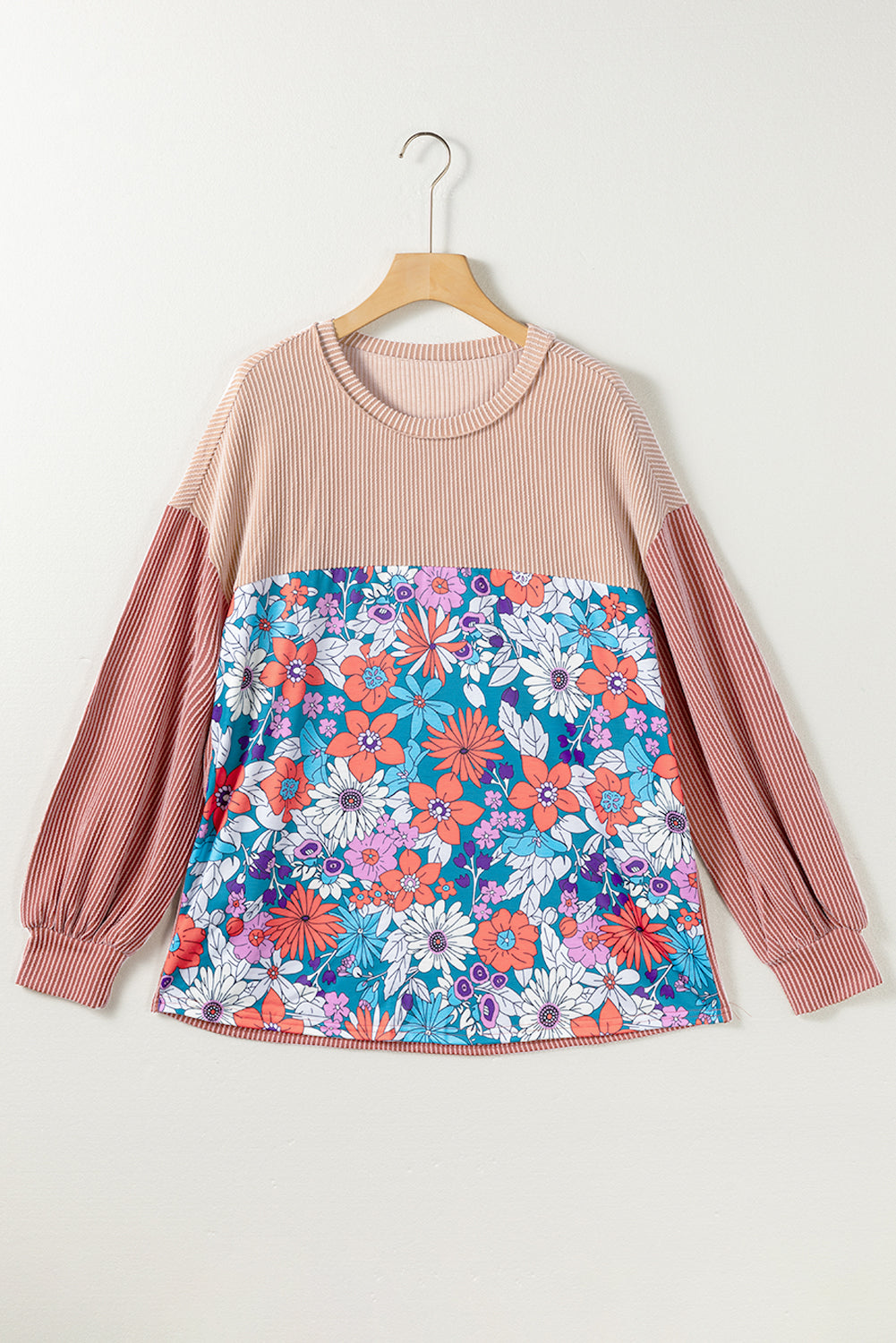 Floral Contrast Colorblock Ribbed Top