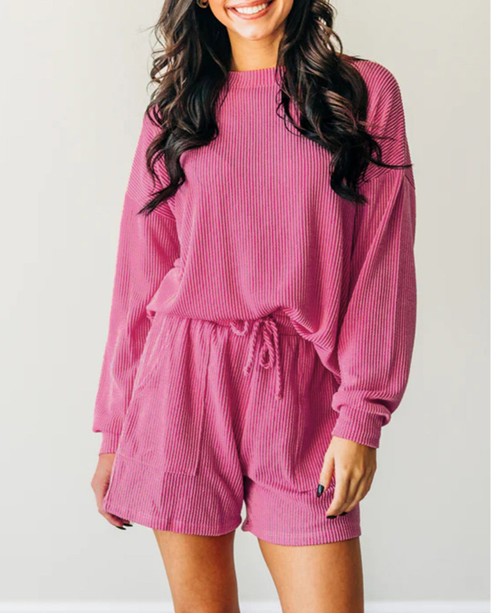 Corded Textured Long Sleeve Top and Shorts Set