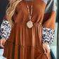 Plus Size Waffle Leopard Long Sleeve Ruffle Mini Dress