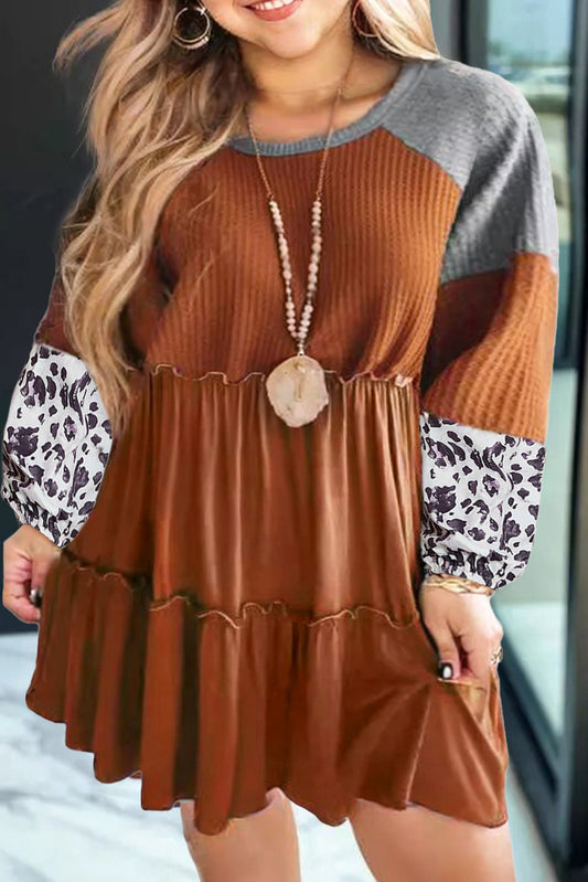 Plus Size Waffle Leopard Long Sleeve Ruffle Mini Dress
