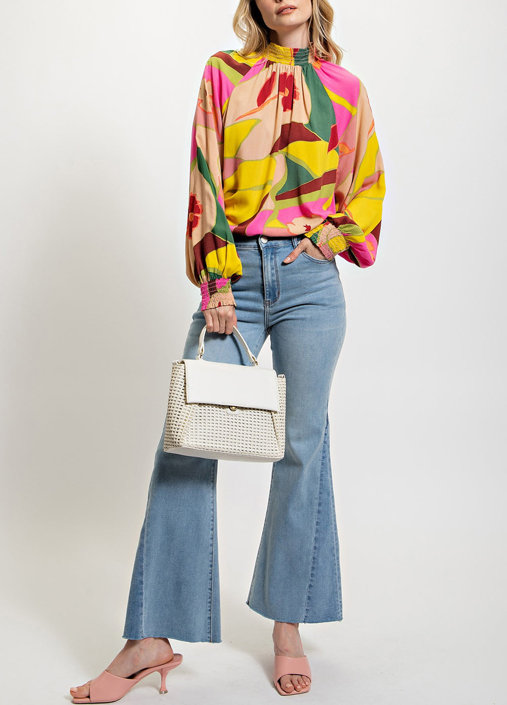 Floral Print Smocked Hem Stand Neck Blouse