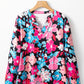 Floral V Neck Roll Tab Sleeve Blouse