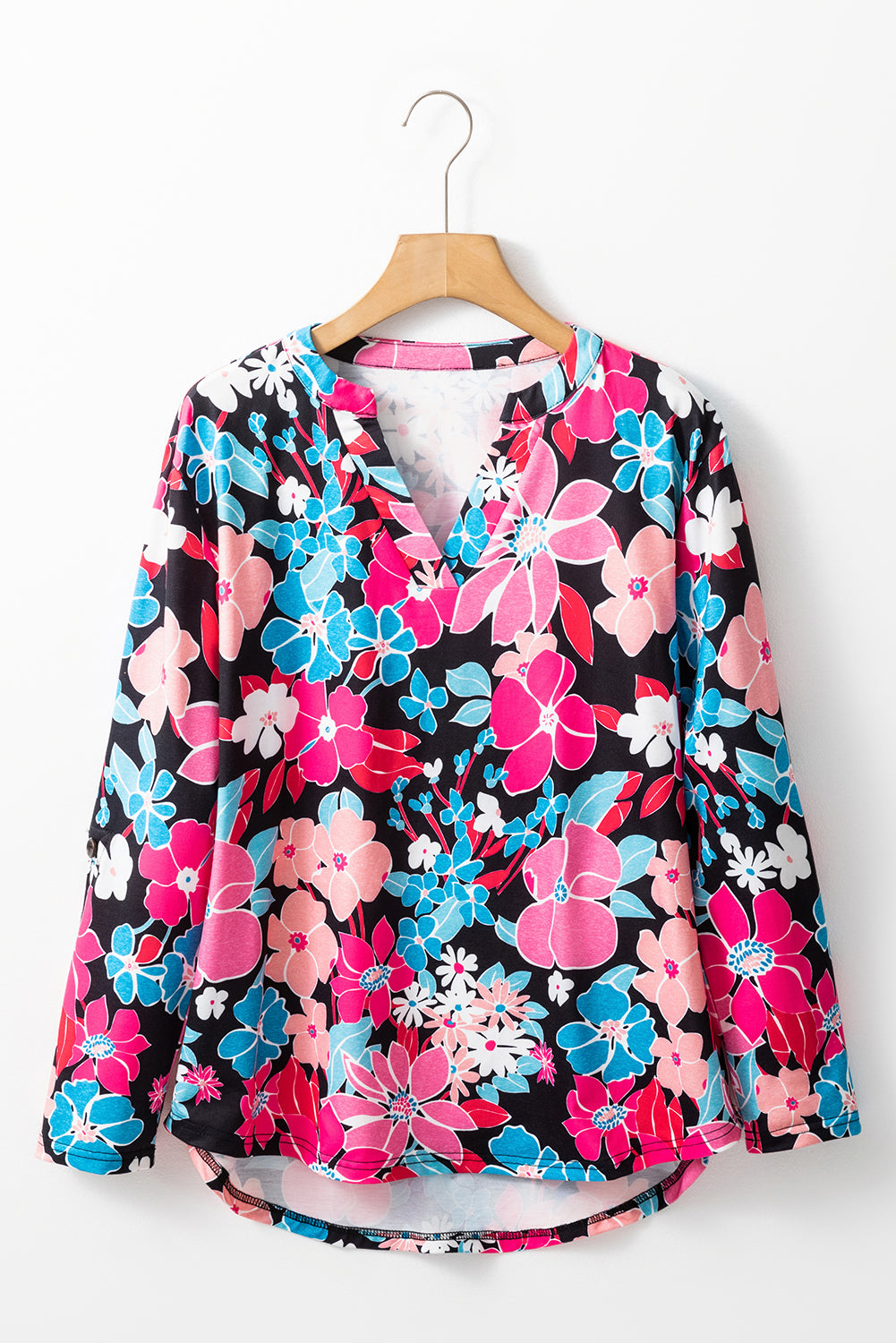 Floral V Neck Roll Tab Sleeve Blouse