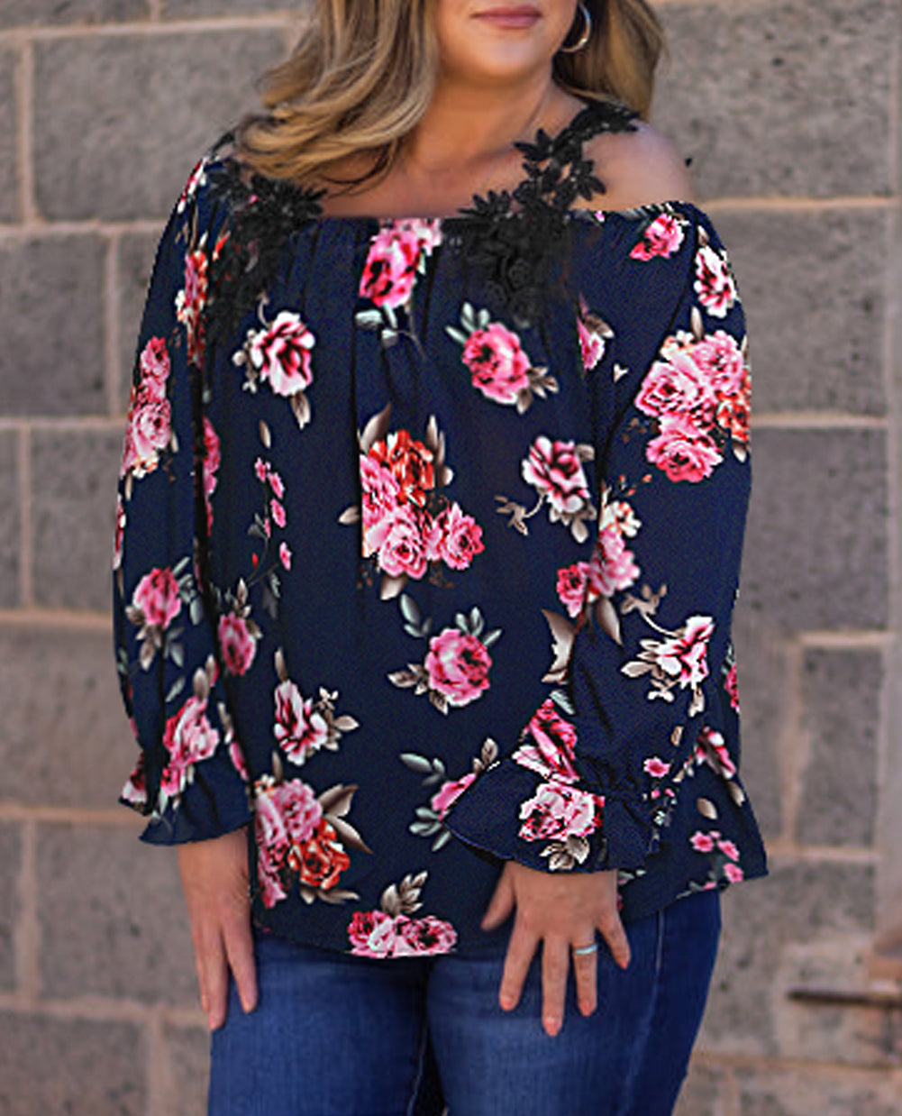 Plus Size Crochet Detail Cold shoulder Floral Blouse