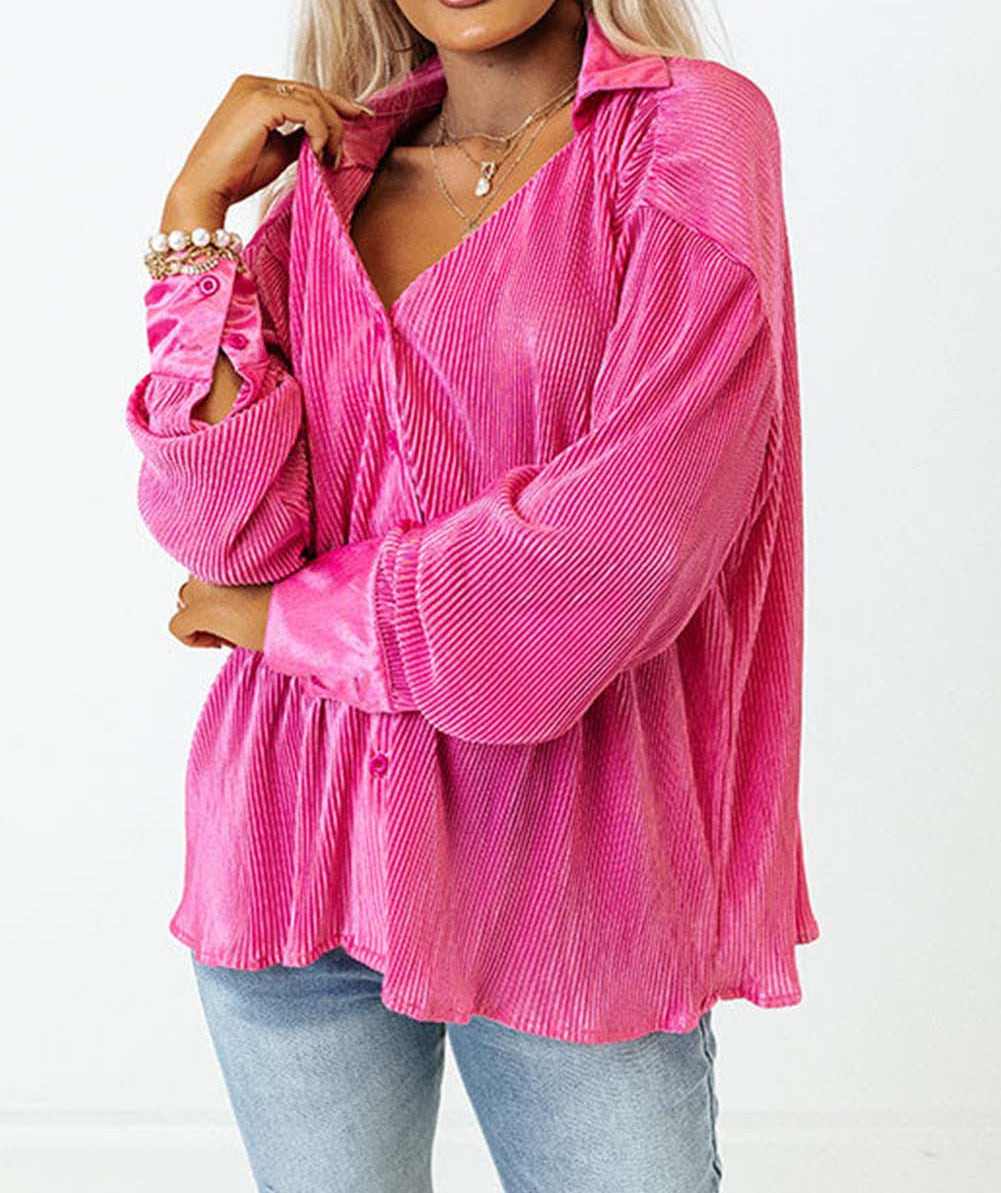 Pink V Neck Collared Button Pleated Shirt