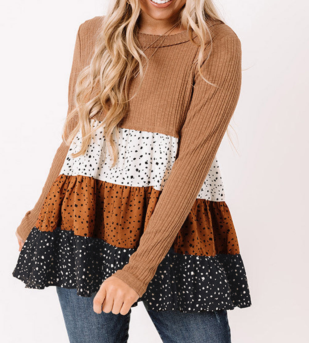 Ribbed Long Sleeve Dotted Tiered Ruffled Flowy Top