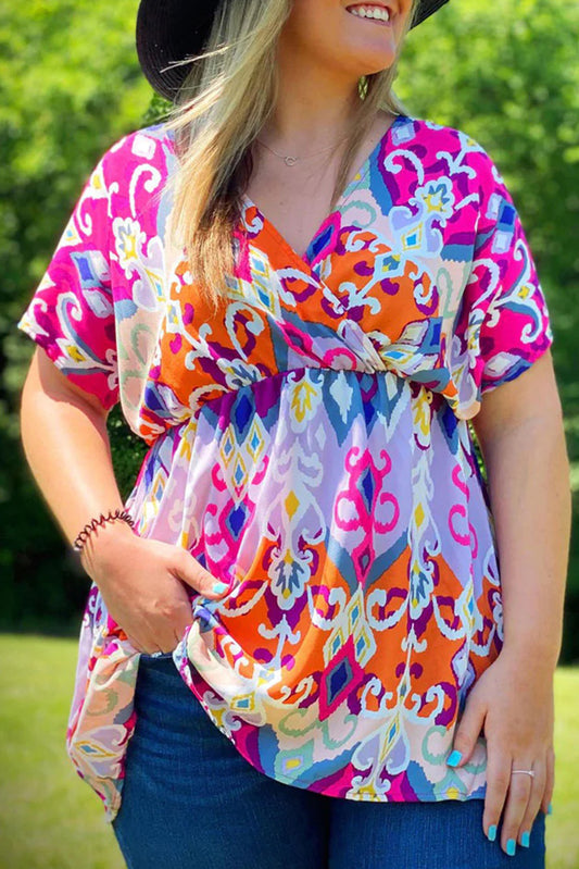 Dreamy Print Wrap V Neck Plus Babydoll Blouse