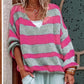 Striped Colorblock Knit V Neck Loose Fit Sweater