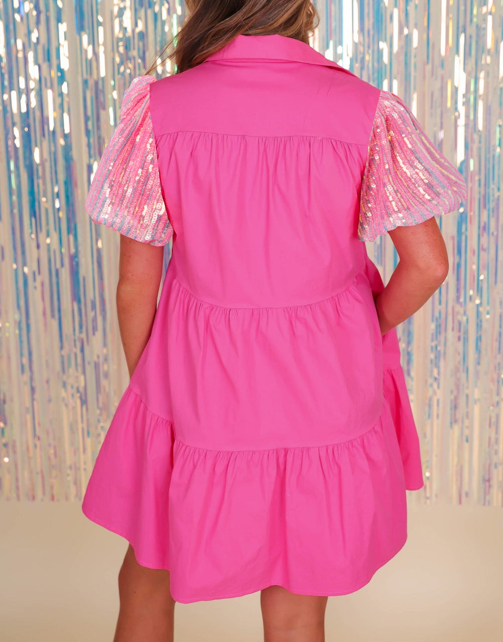 Sequined Bubble Sleeve Tiered Ruffled Shirt Dress