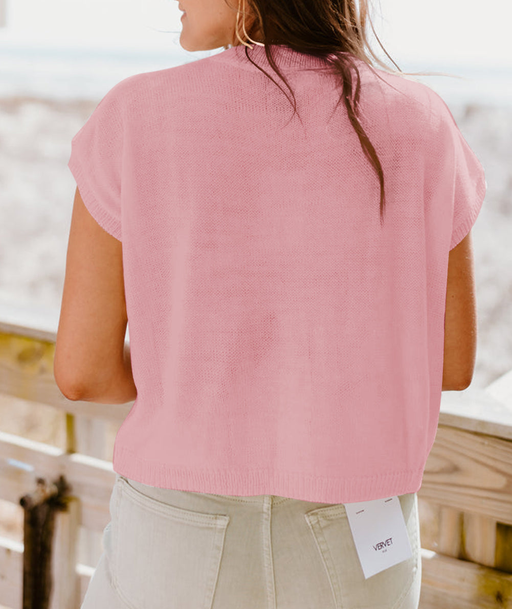 Multi Crochet Flower Knit Short Sleeve Sweater Tops