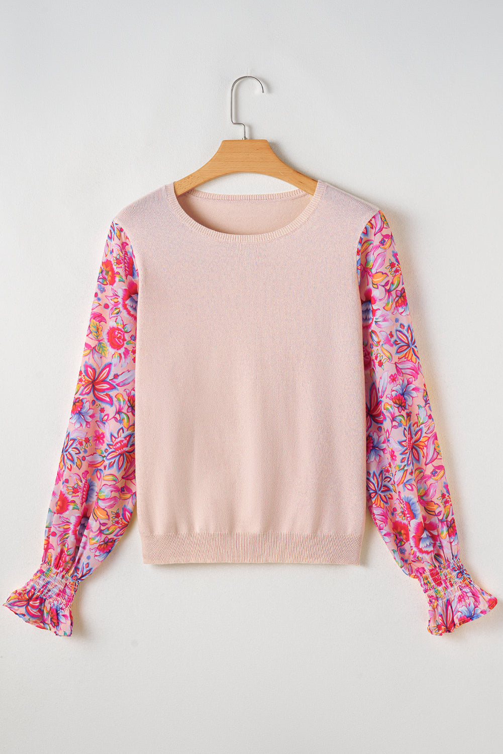 Floral Printed Patchwork Smocked Lantern Sleeve Knit Top