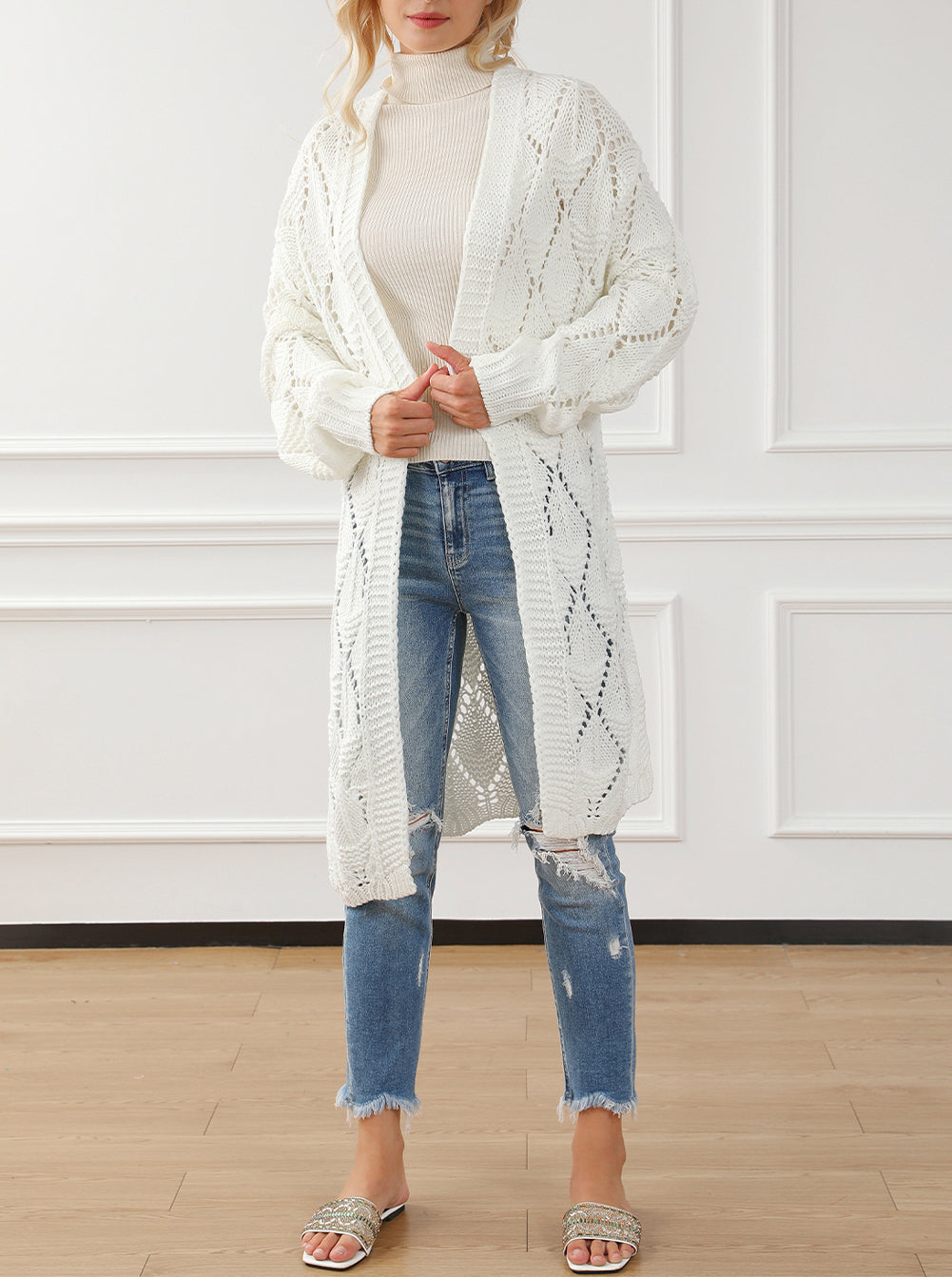 Rhombus Hollowed Knit Open Front Cardigan