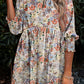 Floral Frilled Neck Shirred Bracelet Sleeve Dress