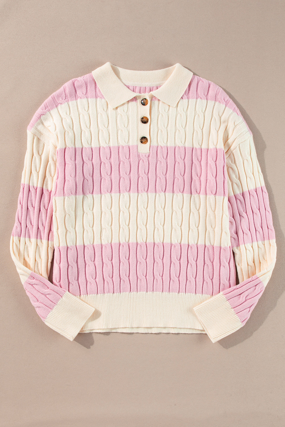 Stripe Cable Knit Collared Henley Sweater