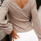 Knitted Jacquard V Neck Lantern Sleeve Top