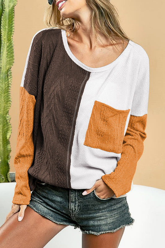 Color Block Patchwork Chest Pocket Long Sleeve Top