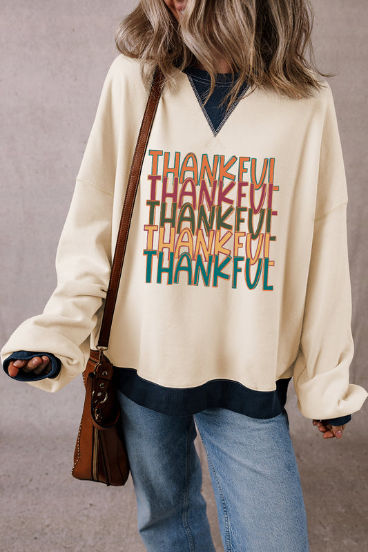 THANKFUL Graphic Colorblock Edge Oversized Thanksgiving Sweatshirt