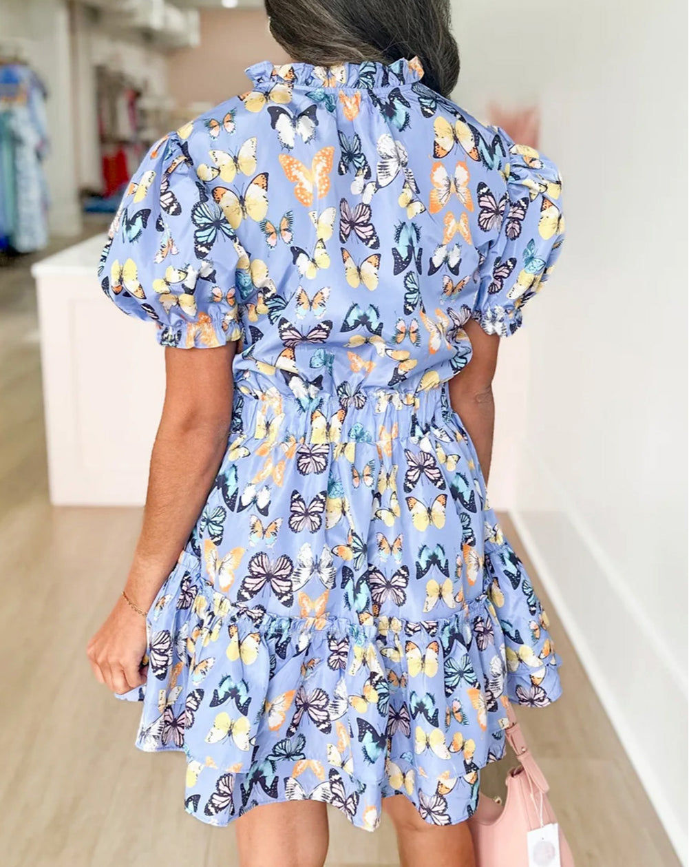 Butterfly Print Short Puff Sleeve Pleated Ruffle Dress