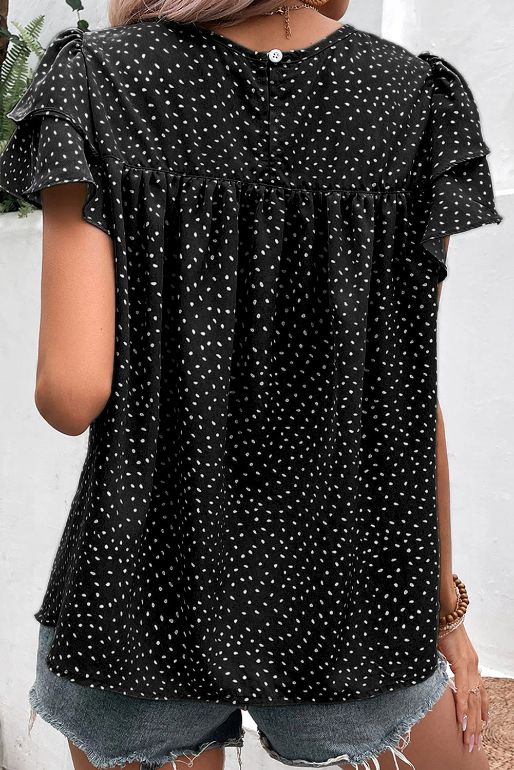 Dotted Ruffle Sleeve Crew Neck Ruched Blouse